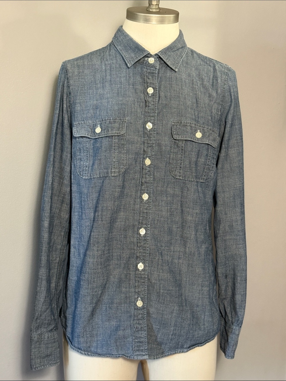 J Crew Small Blue Chambray Button Down  Roll Tab Sleeve "The Perfect Shirt"